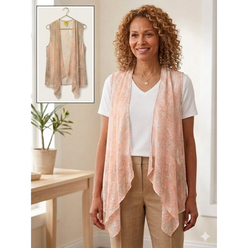 Ruby Rd. Women’s Sz 12 Semi-Sheer Kimono Vest Boho Trendy Taupe Ivory Coral EUC
